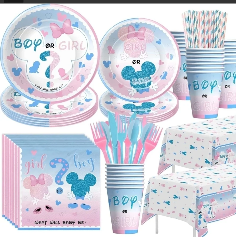 New Gender Reveal babyshower party supplies cups, plates boy girl 194 pcs